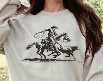 Sweat-shirt western cowboy au lasso, chemise graphique western rétro, sweat-shirt country western vintage, chemise de rodéo, sweat-shirt country girl