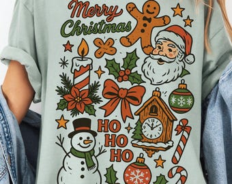 Vintage Christmas Comfort Colors® T-Shirt, Merry Christmas, Retro Christmas Aesthetic, Women's Christmas Shirt, Santa Snowman Graphic Tee