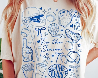 Baseball Doodle Comfort Colors® T-Shirt, Hand Drawn Women's Coquette Bow Baseball Tee, Sports Mom Shirt, Game Day Shirt Shirt.