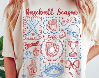 Baseball Season Comfort Colors® T-Shirt, Preppy Baseball Shirt, Game Day Tee, Coquette Baseball Mom Tshirt, Baseball Doodles Tee