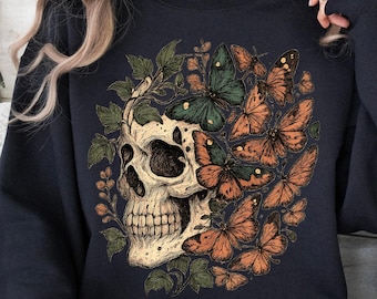 Skull & Butterflies Sweatshirt: Vintage Distressed Skull Shirt, Oversized Retro Boho Sweatshirt