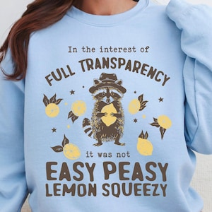 May include: Light blue sweatshirt with a raccoon holding a lemon and the text "In the interest of full transparency it was not easy peasy lemon squeezy".