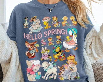 Hello Spring Vintage Style Comfort Colors® T-Shirt, Retro Spring Shirt, Spring Animals Tee, Women's Trendy Spring Tshirt, Cute Women's Shirt