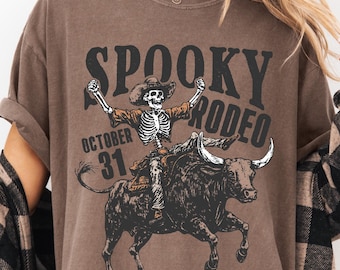 Retro Halloween Rodeo Comfort Colors® Shirt, Spooky Rodeo Shirt, Western Halloween Graphic Tee, Country Halloween Shirt, Skeleton Bull Ride