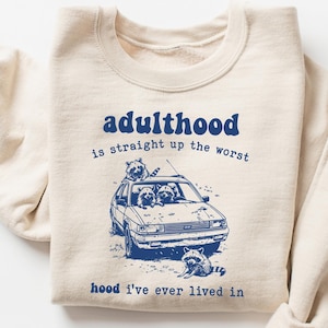 Adulthood is the Worst Hood Sweatshirt, Funny Sweatshirt, Sarcastic Vintage Retro Meme Shirt, Raccoon Shirt, Trendy Funny Birthday Gift
