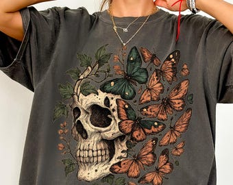 Skull & Butterflies Comfort Colors® Shirt, Vintage Distressed Skull Shirt, Oversized Retro Grunge Tee, Trendy Grunge Indie Boho Graphic Tee