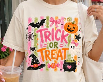 Trick Or Treat Comfort Colors® Shirt, Cute Halloween T-Shirt, Coquette Halloween Shirt, Pink Halloween Tee,  Girly Halloween Gift Tee
