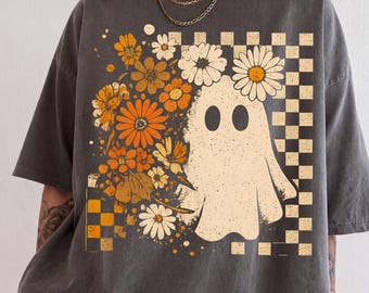 Camiseta retro floral de Halloween Comfort Colors®, camiseta de fantasma a cuadros, camiseta de Halloween moderna, camiseta floral espeluznante, camiseta de regalo de fantasma vintage