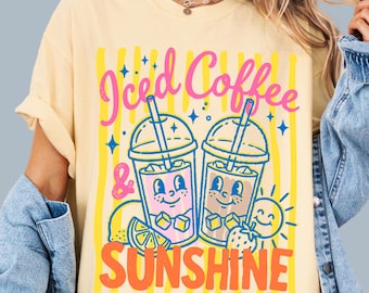 Iced Coffee And Sunshine Comfort Colors® T-Shirt, Cute Summer Graphic Tee, Retro Coffee Lover Shirt, Beach Vacation Tee, Funny Coffee Shirt