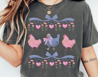 Colorful Vintage Original 1980s Chickens Comfort Colors® T-Shirt, Retro Chicken With Hearts Tshirt, Funny Retro Shirt, Graphic Tee
