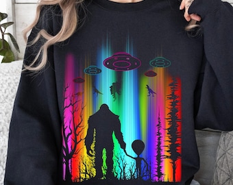 Bigfoot and Alien Sweatshirt, Funny Vintage Retro Graphic UFO Cow Shirt, Funny Unisex Shirt, Paranormal Oversized Aesthetic UFO Sweatshirt