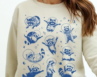 Raccoons in Space Sweatshirt, Funny Raccoon Shirt, Oversized Unisex Sweatshirt, Aesthetic Graphic Retro Vintage Shirt, Raccoon Lover Gift