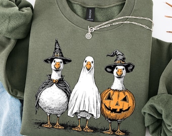 Goose Halloween Sweatshirt, Retro Halloween Aesthetic, Women's Halloween Sweatshirt, Vintage Ghost Pumpkin Witch Goose Graphic Shirt