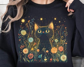 Black Cat Floral Sweatshirt: Whimsical Cottagecore Cat Shirt