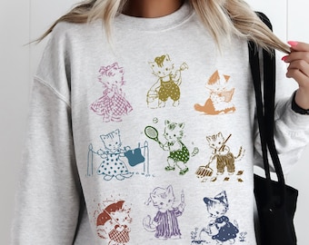 Vintage Retro Cute Cat Sweatshirt, Funny Kitten Playing Shirt, 1950's Cats Sweatshirt, Oversized Cat Lover Shirt, Funny Cat Gift