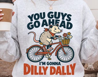 Dilly Dally Sweatshirt, Vintage Funny Possum Graphic Crewneck, Funny Bicycle Sweater