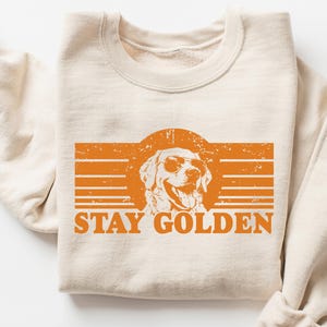 Puede incluir: Una sudadera beige con un gr&aacute;fico naranja de un golden retriever con gafas de sol y el texto "STAY GOLDEN".