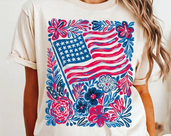 Boho American Flag Floral Comfort Colors® T-Shirt, 4th of July Shirt Women, Patriotic Flower Tee, Americana Aesthetic Shirt, Boho Tee