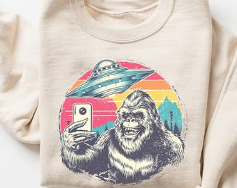 Retro Bigfoot UFO Selfie Sweatshirt - Unisex Sasquatch Shirt