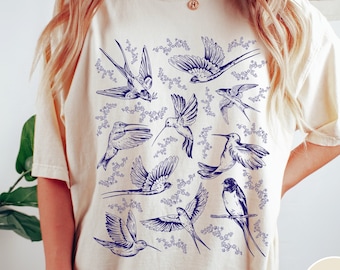 Vintage Bird Tattoo Comfort Colors T-Shirt, Boho Indie Oversized Shirt