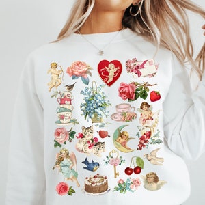 Valentine&#39;s Vintage Style Sweatshirt, Retro Valentine&#39;s Shirt, Trendy Valentines Shirt, Cute Valentine&#39;s Shirt, Cupid Heart Flowers Shirt
