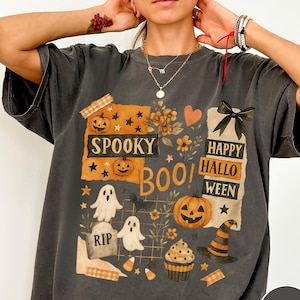 Halloween Collage Comfort Colors® Shirt, Retro Halloween Tshirt, Vintage Oversized Halloween Aesthetic Tee, Women&#39;s Halloween Graphic Tee