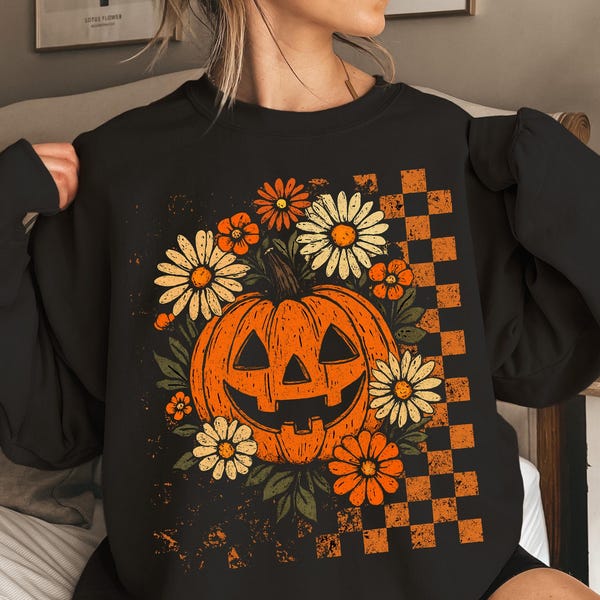 Sudadera retro con estampado floral de calabaza, estética vintage de Halloween, sudadera preppy de Halloween para mujer, sudadera bohemia de Halloween.
