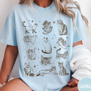 K&ouml;nnte beinhalten: Ein hellblaues T-Shirt mit einem Aufdruck von verschiedenen Katzen in verschiedenen Posen. Die Katzen sind im Vintage-Stil gezeichnet und von Sternen umgeben.