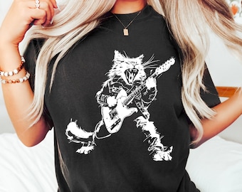 Camiseta con diseño de gato rockero tocando la guitarra, camiseta vintage divertida con diseño de gato, camiseta con gráficos retro, camiseta unisex de colores cómodos, regalo para amantes de los gatos, estética rockera