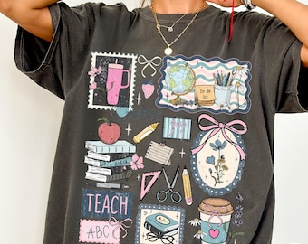 Teacher Life Collage Comfort Colors® Shirt, Cute School Graphic Tee, Coquette Teacher Stamp Scrapbook Shirt, Teaching Tee, Gift for Teacher