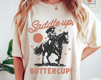 Retro Cowgirl Comfort Colors T-Shirt, Vintage Western Saddle Up Buttercup Cowgirl Graphic Tee