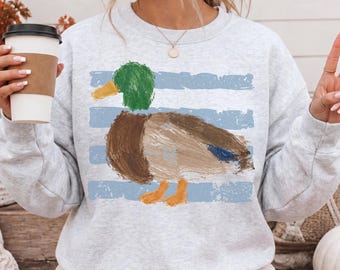 Vintage Retro Mallard Sweatshirt, Vintage 90's Painted Duck Shirt, Striped Duck Crewneck, Nature Sweater, Coastal Aesthetic Shirt, Duck Gift