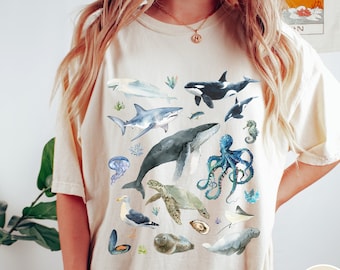 Watercolor Sea Animals Shirt, Vintage Ocean Animals Tshirt, Retro Whale Shark Orca Turtle Octopus, Graphic Unisex Comfort Colors T Shirt