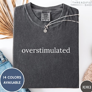 May include: A dark gray Comfort Colors t-shirt with the word "overstimulated" printed in white. A silver necklace with a circular pendant rests on the shirt. The shirt is displayed with a pair of blue jeans and a dried plant.