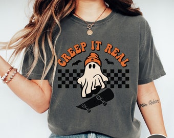 Comfort Colors Retro Halloween Shirt, Creep it Real, Ghost Skateboard Graphic Tee