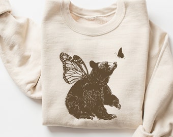 vintage sweat-shirt graphique ours papillon, chemise surdimensionnée tendance pour femmes