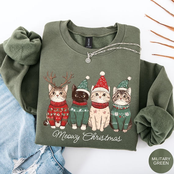 Meowy Christmas Sweatshirt, Christmas Cat Shirt, Vintage Cat with Santa Hat Shirt, Cute Retro Cat Lover Christmas Sweatshirt