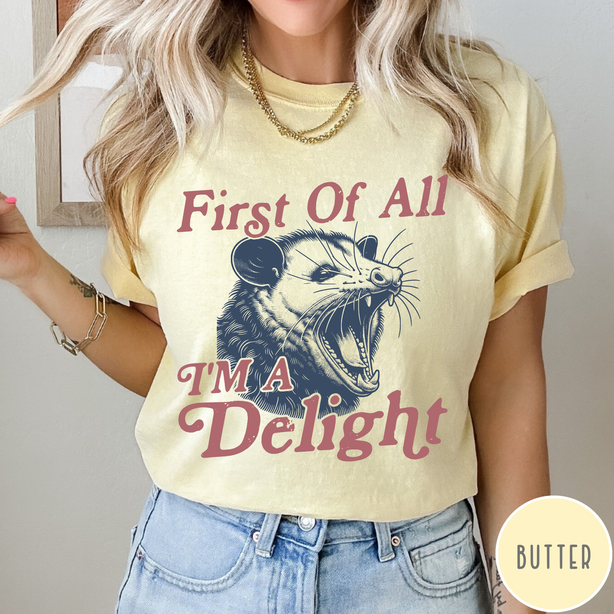I'm a Delight Comfort Colors® T-Shirt, First of All, Vintage Possum Tshirt, Funny Retro Shirt, Graphic Tee, Funny Women's Aesthetic Tshirt