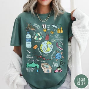 May include: A teal green t-shirt featuring a graphic print of various illustrations related to environmentalism. The illustrations include a bicycle, a water bottle, a globe, a turtle, a plant, and a tap. The text on the shirt includes "bike more drive less", "turn off lights", "reduce", "recycle", "reuse", "volunteer", "skip a straw", "don't litter", "save the planet", "unplug things", "save a turtle", "plant a tree", "save water save life".