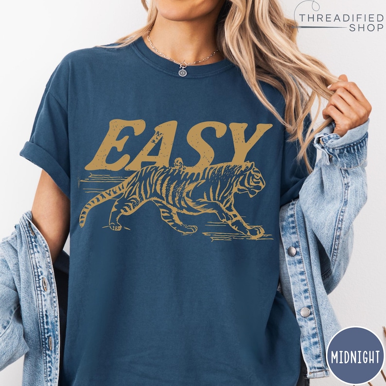 Easy Tiger Comfort Colors® T-Shirt, Vintage Distressed Tiger Shirt, Oversized Retro Tiger Tee, Trendy Grunge Indie Boho Shirt, Graphic Tee Midnight