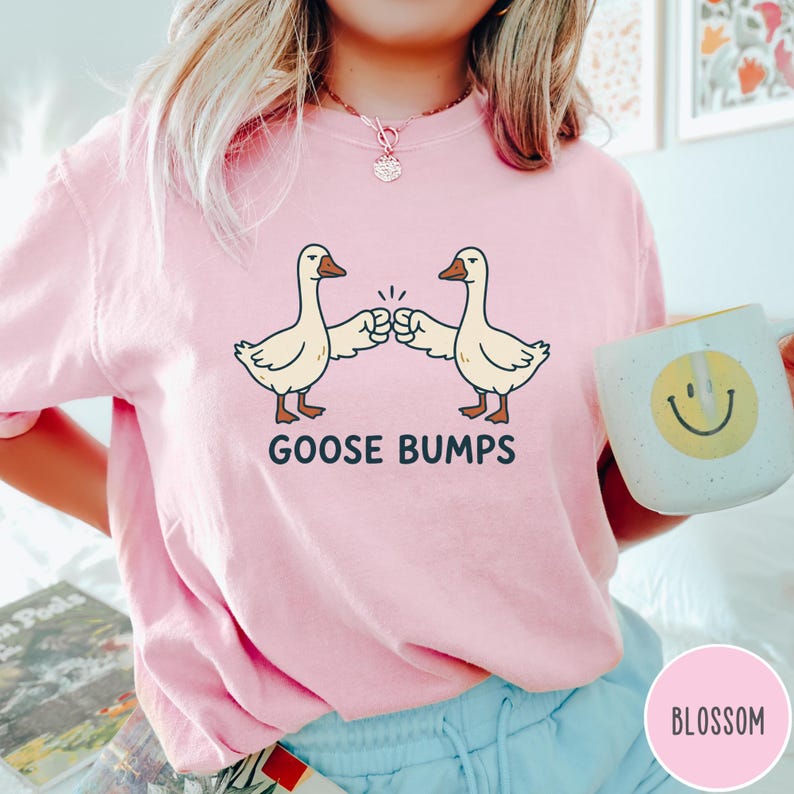 Puede incluir: Una camiseta de manga corta de color rosa claro con un gr&aacute;fico de dos gansos blancos d&aacute;ndose un choque de pu&ntilde;os. Debajo de los gansos, el texto GOOSE BUMPS aparece en letras may&uacute;sculas azul oscuro. Se acompa&ntilde;a de una taza azul claro con smiley.