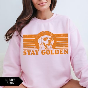 Puede incluir: Sudadera rosa claro con un gr&aacute;fico retro de un golden retriever con gafas de sol y el texto "STAY GOLDEN".