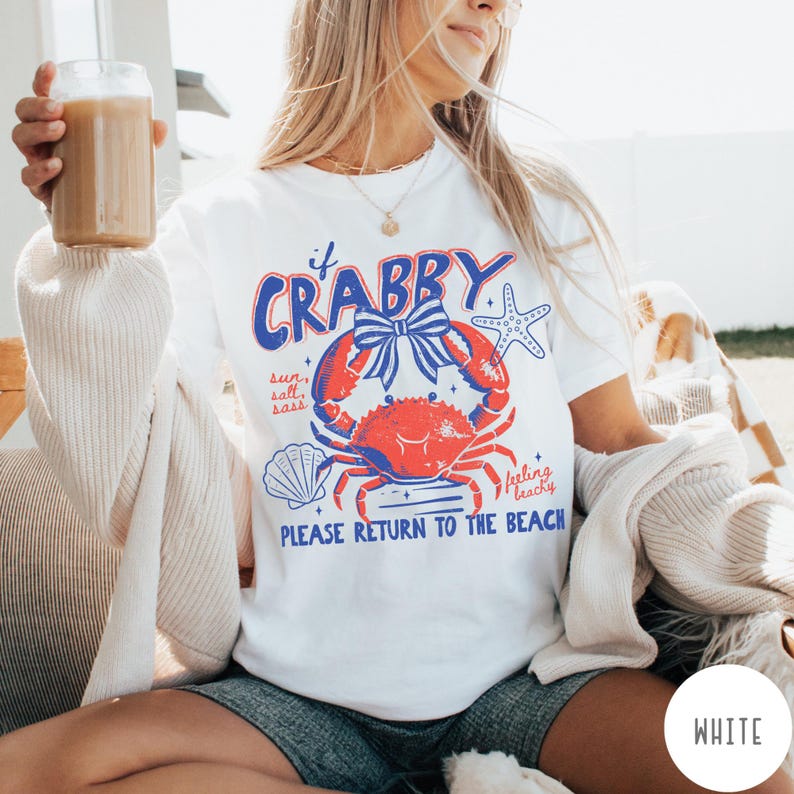 Camiseta Comfort Colors® "If Crabby Please Return To The Beach", Camiseta retrô com estampa litorânea, Camiseta divertida para praia, Camiseta com estampa de verão, Presente para amantes da praia White