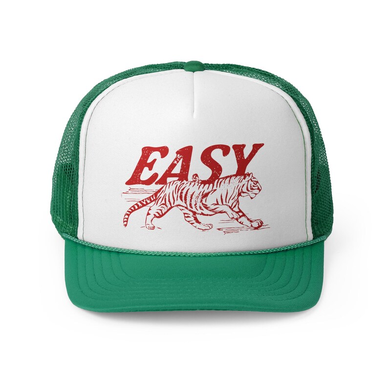Easy Tiger Trucker Hat, Vintage Distressed Tiger Hat, Trendy Retro Trucker Hat, Otto Trucker Hat, Grunge Indie Boho Tiger Hat Green