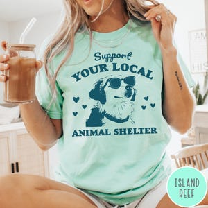 May include: A light blue t-shirt with the text "Support Your Local Animal Shelter" in dark blue. A cartoon dog wearing sunglasses is in the center of the text.