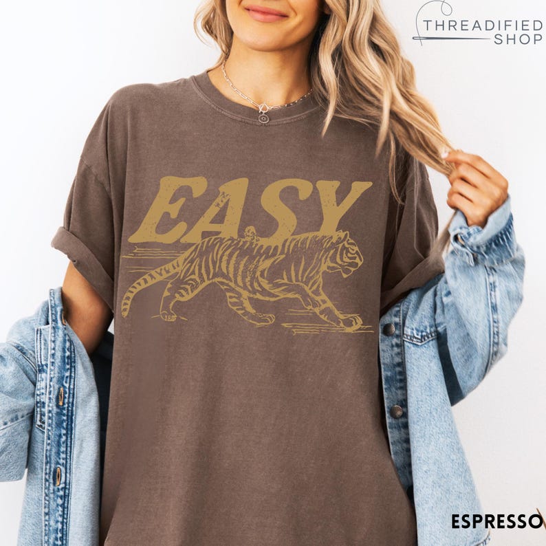 Easy Tiger Comfort Colors® T-Shirt, Vintage Distressed Tiger Shirt, Oversized Retro Tiger Tee, Trendy Grunge Indie Boho Shirt, Graphic Tee Espresso