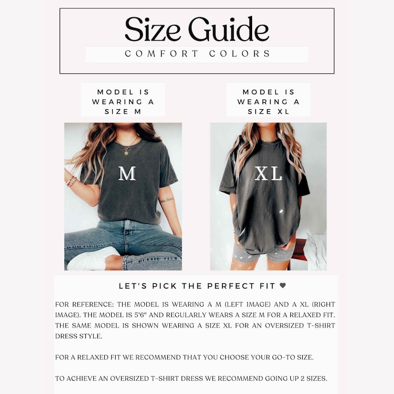 K&ouml;nnte beinhalten: Gr&ouml;&szlig;entabelle f&uuml;r ein T-Shirt-Kleid. Das Model tr&auml;gt Gr&ouml;&szlig;e M und Gr&ouml;&szlig;e XL. Das Model ist 1,68 m gro&szlig; und tr&auml;gt normalerweise Gr&ouml;&szlig;e M f&uuml;r eine lockere Passform. F&uuml;r einen Oversize-T-Shirt-Kleid-Stil tr&auml;gt das Model Gr&ouml;&szlig;e XL. Lass uns die perfekte Passform finden. F&uuml;r eine lockere Passform w&auml;hle deine gewohnte Gr&ouml;&szlig;e. Um ein Oversize-T-Shirt-Kleid zu erhalten, w&auml;hle 2 Gr&ouml;&szlig;en gr&ouml;&szlig;er.