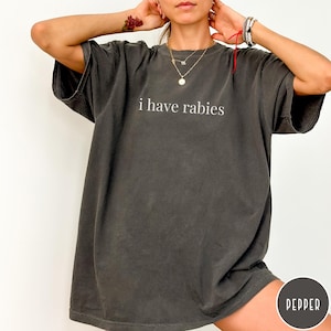 May include: Dark gray t-shirt with the phrase "i have rabies" printed in white. The shirt has a relaxed fit and short sleeves. The shirt is made of a soft material.
