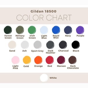 Puede incluir: Carta de colores para camisetas Gildan 18500. La carta muestra 18 colores diferentes, incluyendo verde bosque, verde militar, verde irland&eacute;s, azul claro, azul real, azul marino, morado, arena, ceniza, gris deportivo, gris oscuro jaspeado, carb&oacute;n, negro, rosa claro, dorado, naranja, rojo, granate, chocolate oscuro y blanco.