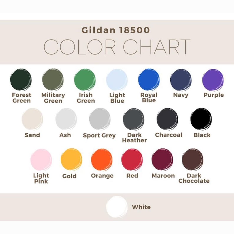 Puede incluir: Carta de colores para camisetas Gildan 18500. La carta muestra 18 colores diferentes, incluyendo verde bosque, verde militar, verde irland&eacute;s, azul claro, azul real, azul marino, morado, arena, ceniza, gris deportivo, gris oscuro jaspeado, carb&oacute;n, negro, rosa claro, dorado, naranja, rojo, granate, chocolate oscuro y blanco.